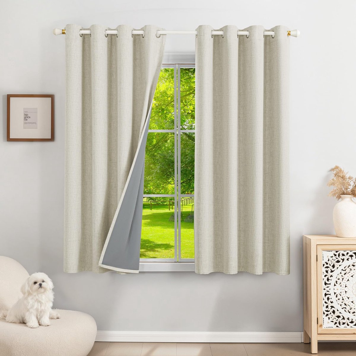 100% verduisteringsgordijnen linnen gordijnen met oogjes 2-delige set, thermogordijn hittebescherming H 140 x B 120 cm, linnenlook gordijnen ondoorzichtig lichtbeige geluidsisolatie voor