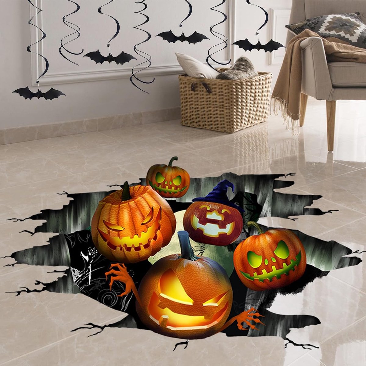 2 stuks Halloween 3D pompoen muurstickers muurstickers, Halloween-vloerstickers, woonkamer, slaapkamer, decoratieve vloerstickers, 3D, driedimensionaal, voor woonkamer, vloerstickers, pub