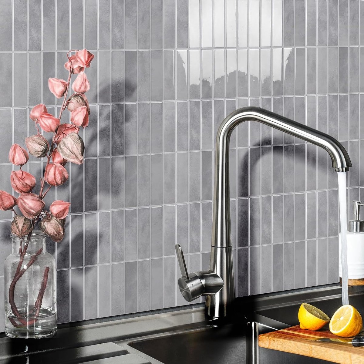Plak op tegels, schil en plak zelfklevende waterdichte vinyl wandtegels sticker spatwand voor keuken badkamer muur, 10 vellen, grijs
