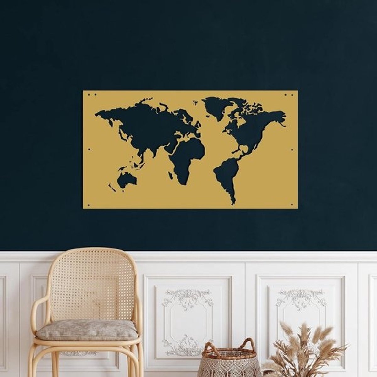 Metalen Wereldkaart - Wanddecoratie Muurkunst - Woonkamer Decoratie - Zwevend Effect - 100x55cm - Goud
