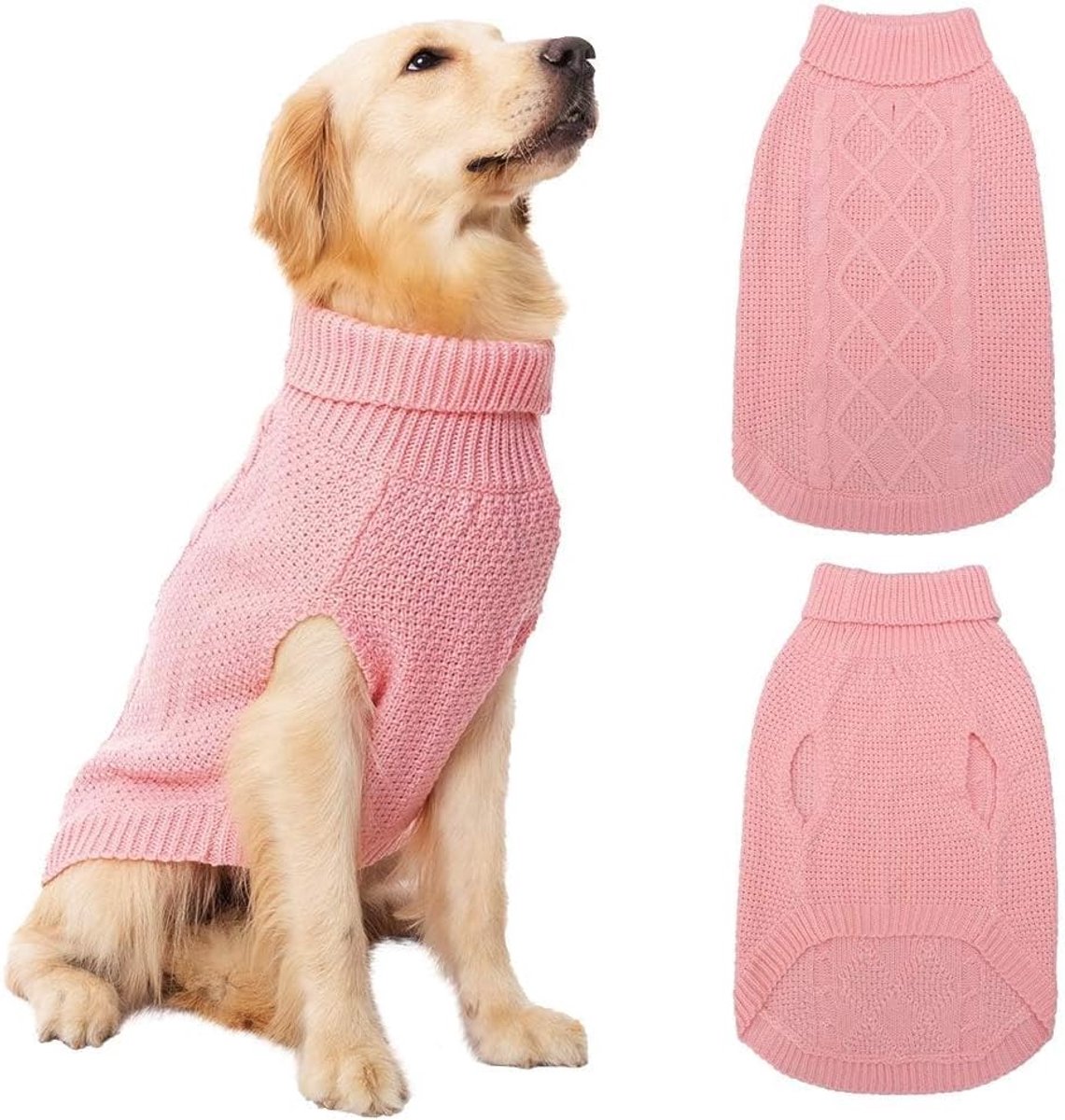 Hondentrui met rolkraag - hondentrui winterjas kleding klassieke kabelgebreide kleding met riemgat voor koud weer