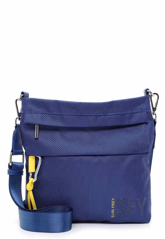 Donkerblauwe crossbodytas van SURI FREY met een gele sleutelhanger en zilverkleurige details.
