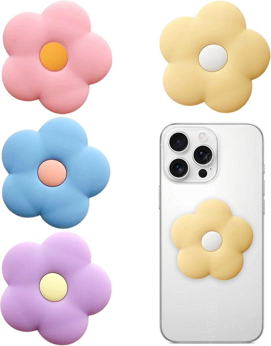 4 stuks bloemvormige opvouwbare telefoonstandaards, zachte PVC uitschuifbare voet, intrekbare grip voor smartphones en tablets, handsfree accessoire (roze, geel, paars, blauw)