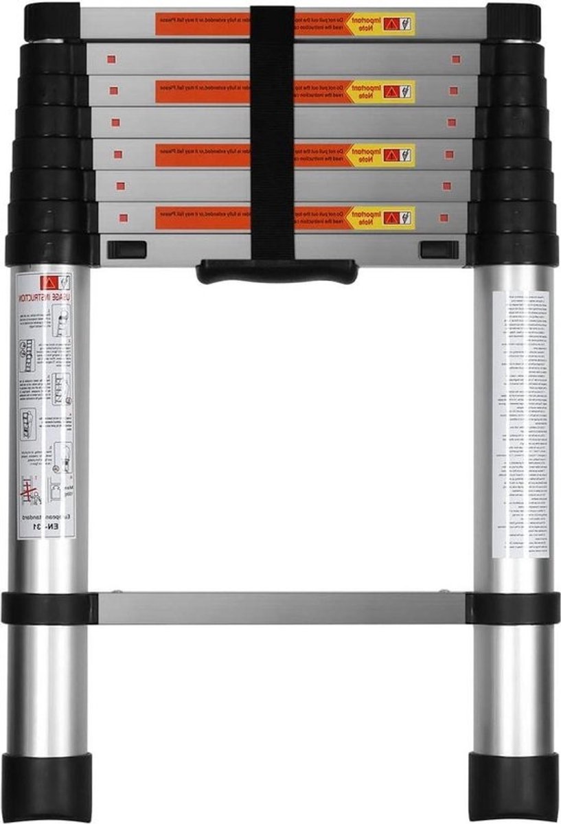 Telescopische ladder - Aluminium - Eén knop intrekbare verlengsysteem - Binnen en buiten gebruik - 350 lbs draagvermogen - Zilver - 2,6 m/8,5FT Telescopische ladder