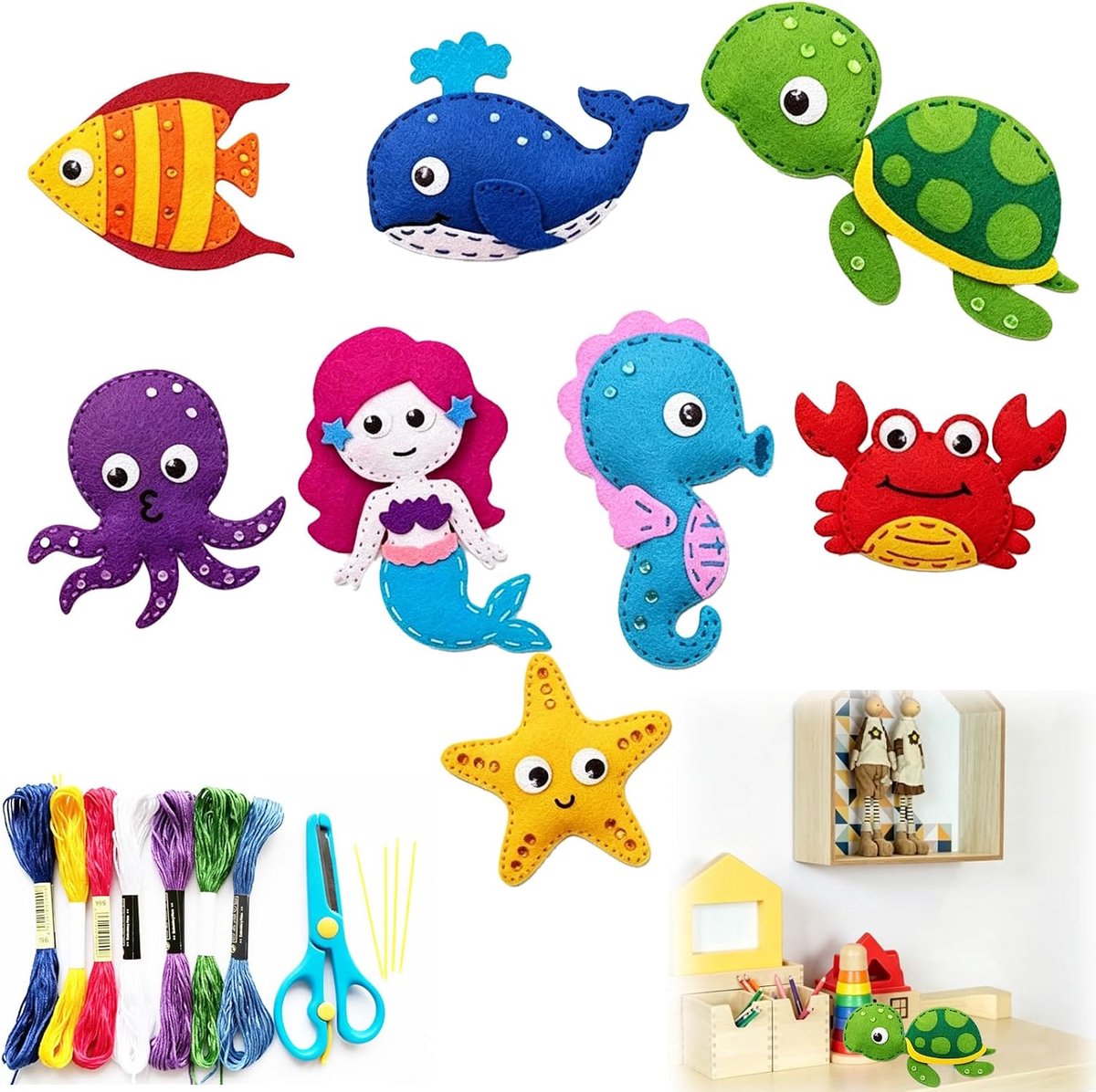 Vilt decoratieset met 8 stuks zeedieren inclusief schildpad, walvis en zeepaardje voor volwassenen als statische interieurdecoratie