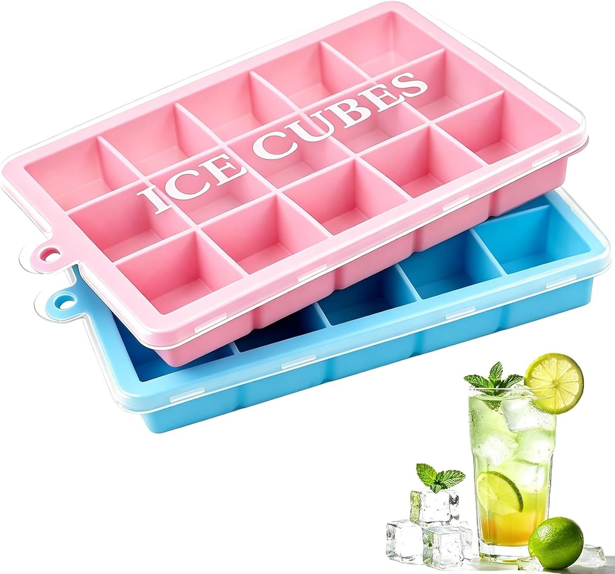 ijsblokjeshouder met deksel, set van 2, gemakkelijk uitneembare flexibele ijsvormen, herbruikbare vriesbakjes, stapelbare ijsmachine voor whisky, cocktails (blauw + roze)