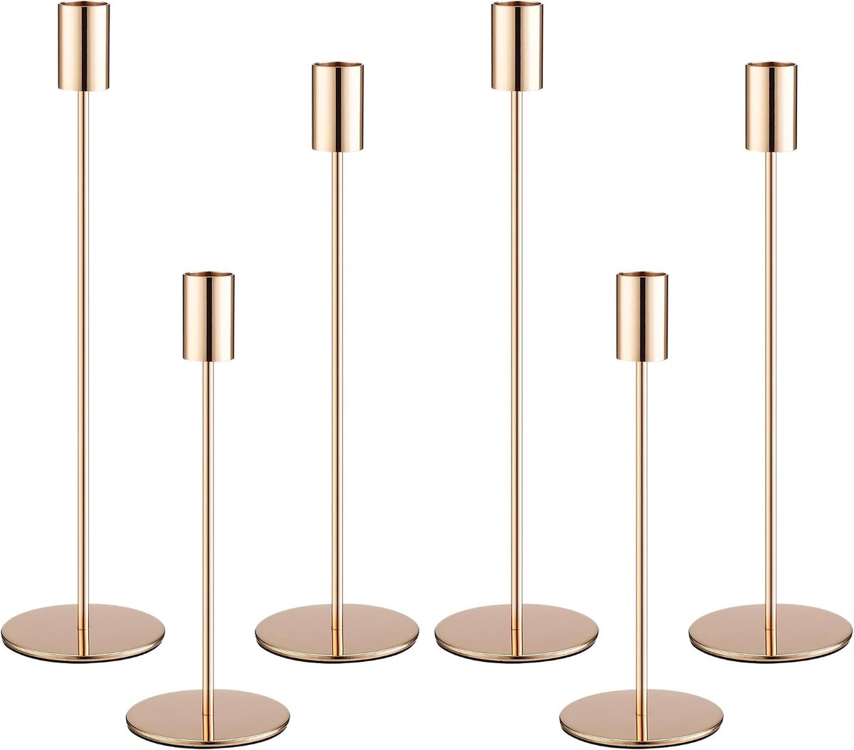 Set van 6 metalen kandelaars, drie hoogtes: 33/28/23cm. Vintage elegante decoratieve kaarsenhouders geschikt voor bruiloften, feesten, verjaardagen, tafeldecoratie(Goud)