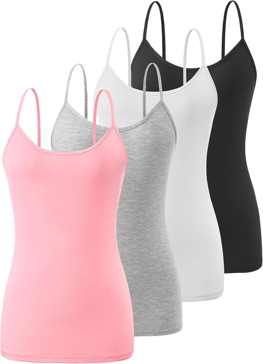 Basic Cami Tanktop voor dames, verstelbare spaghettibandjes, 4 stuks