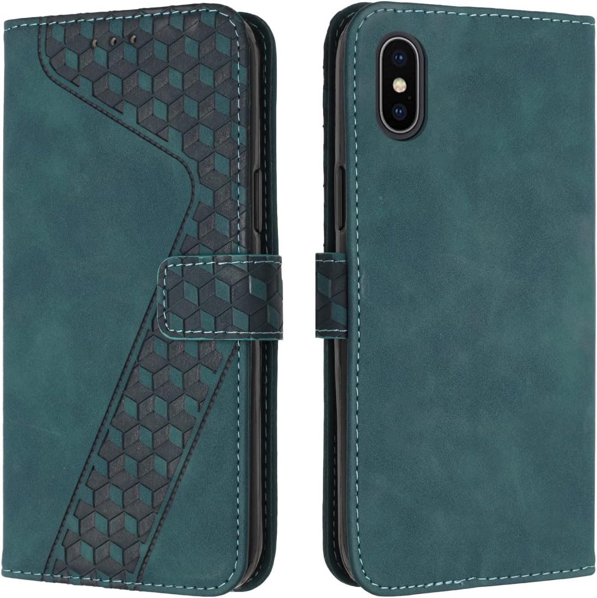 Hoesje voor iPhone XS/iPhone X, Lederen Portemonnee Telefoonhoesjes met Standaard Magnetic Shockproof Flip Leather Wallet Book Case（Groen）