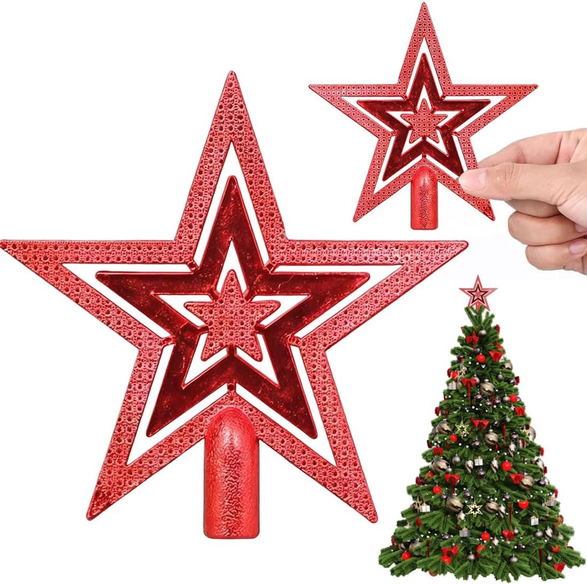Kerstboomtopper met ster, glinsterende boomtopper met ster, kerstboomtopper met glitterster, kerstboomster, kerstboomtopper met ster, kerstboomtoppers, kerstboomtopper (rood)