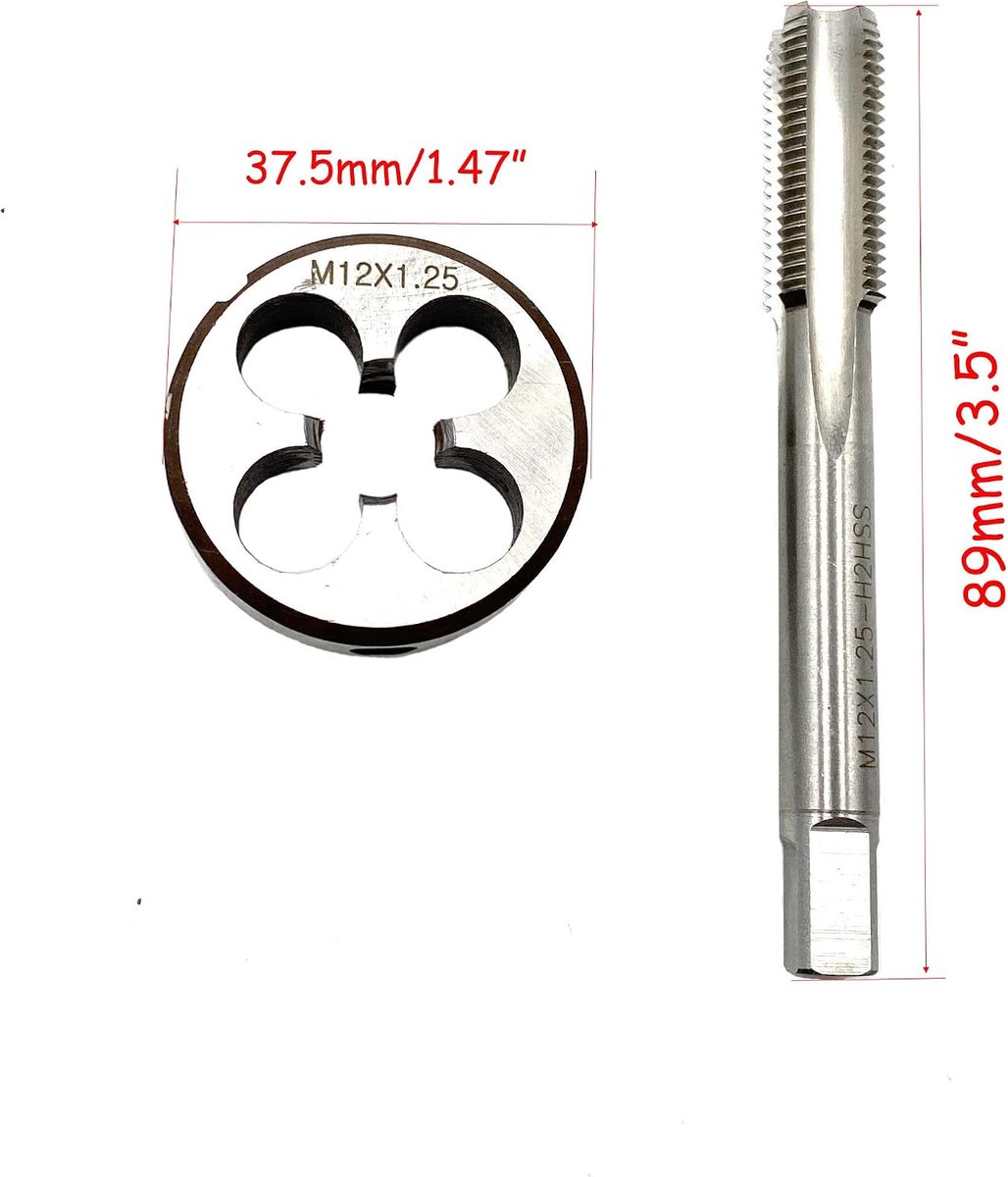 X 1,25mm Tap en Die Set, M12 X 1,25mm schroefdraadkraan en M12 X 1,25mm ronde schroefdraadmatrijs rechts