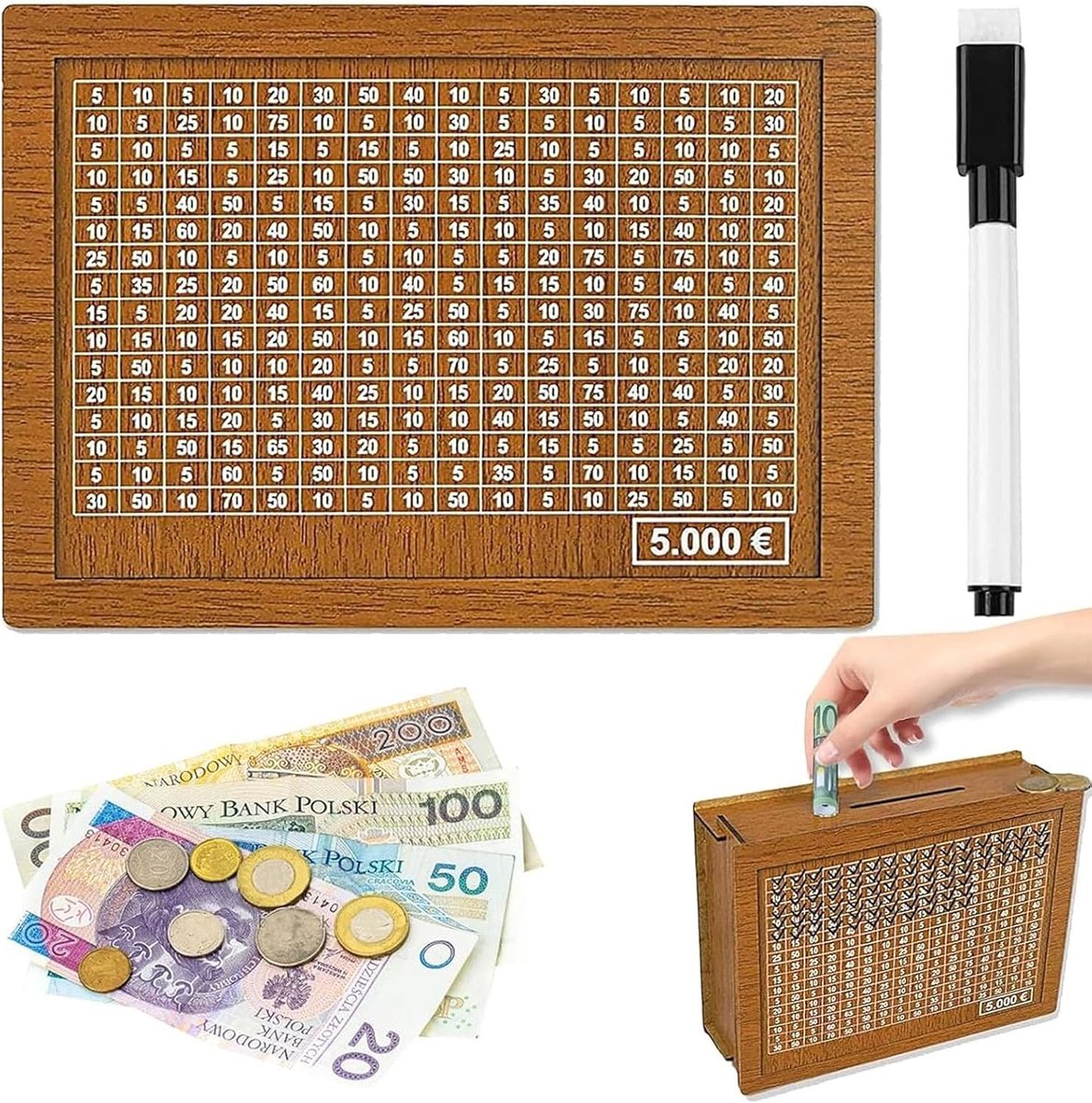 Spaarpot met teller,herbruikbare spaarpot van hout,Houten Gelddoos met spaardoel en nummers om te controleren,gelddoos voor helpt kinderen en volwassenen De gewoonte om te sparen aan (5000€+)