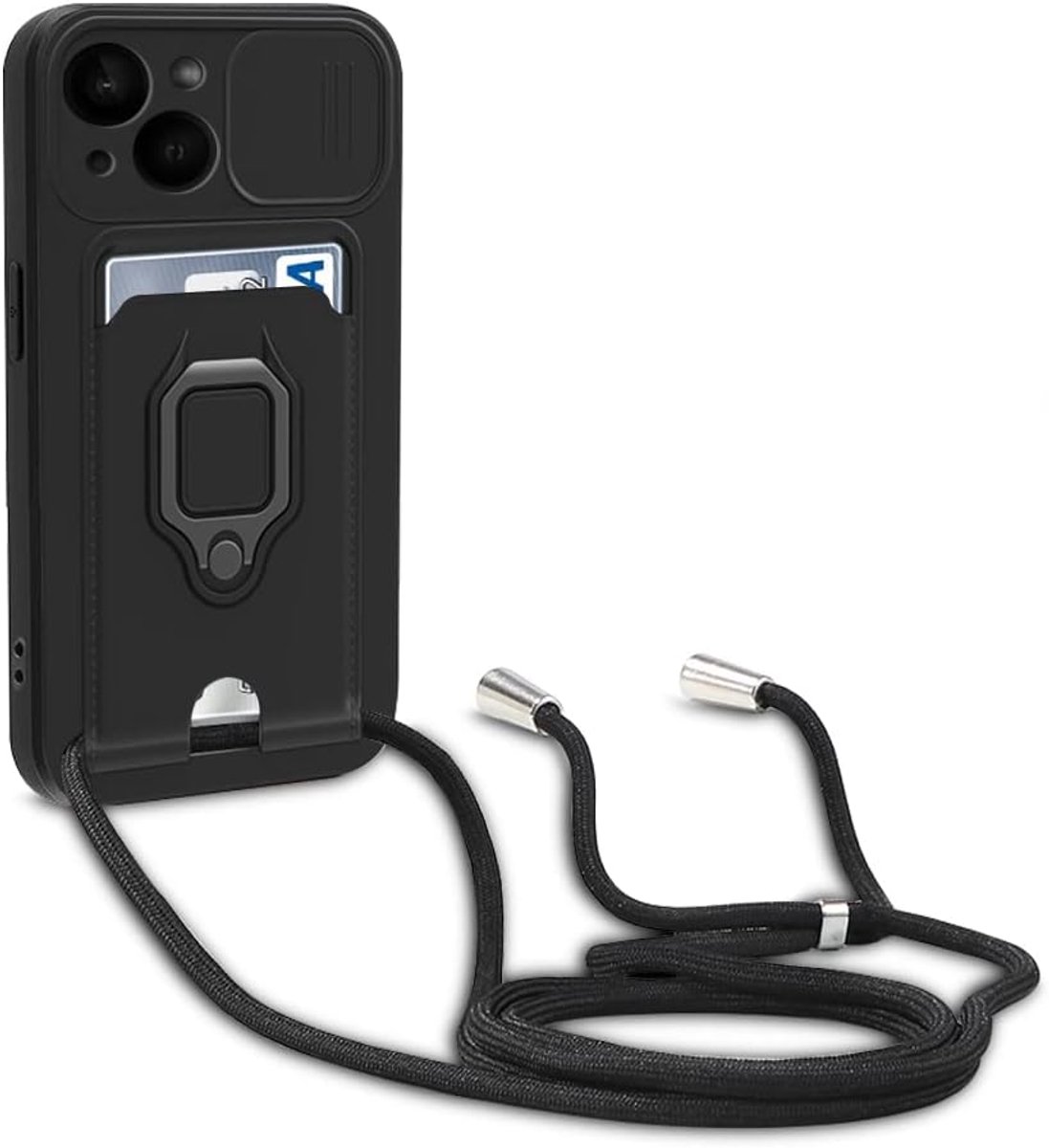 siliconen telefoonketting, hoes compatibel met iPhone 14, metalen ringhouder, mobiele telefoonhoes, verstelbare halsketting, telefoonhoes, zwart