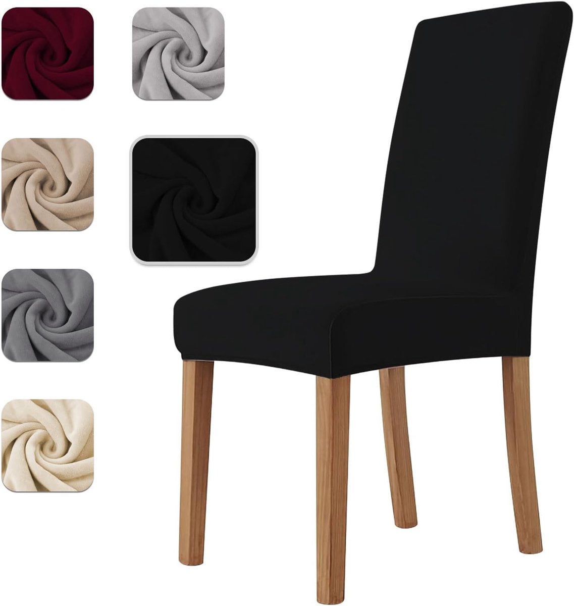 Stoelhoezen met Rugleuning 6 Stuks van Elastisch Fluweel, Universeel, Stoelhoezen voor Keuken en Woonkamer, Superzacht, Comfortabel, Krasbestendig - Zwart