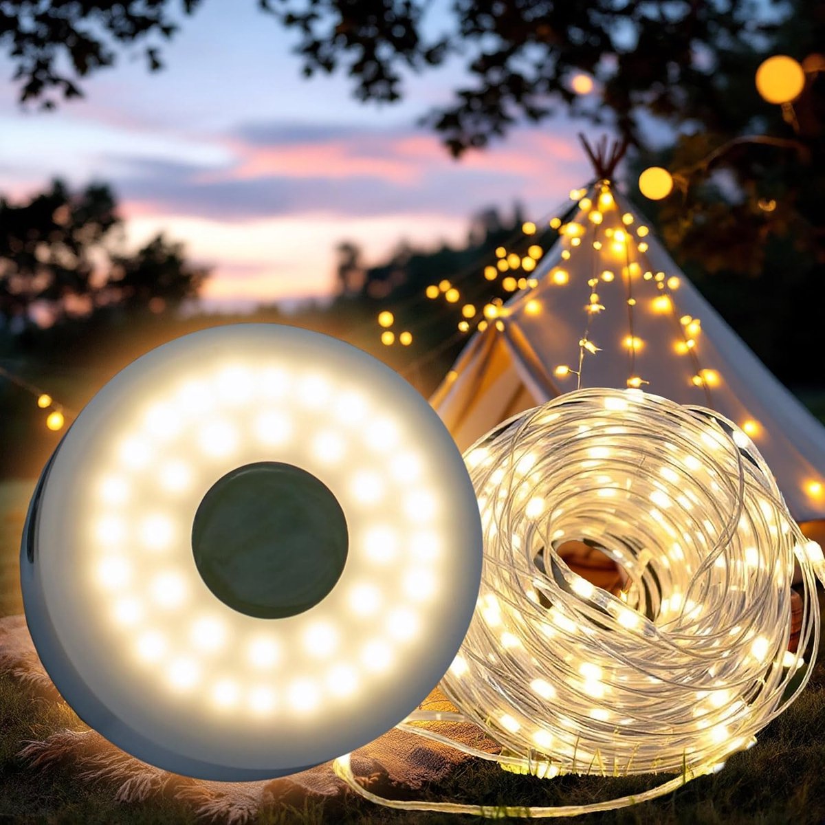 Campinglichtketting 2-in-1 oprolbaar USB oplaadbaar - 10 m / 136 LED - acculamp warm wit met 7 lichtfuncties - campinglamp tuinlamp draagbaar oplaadbaar