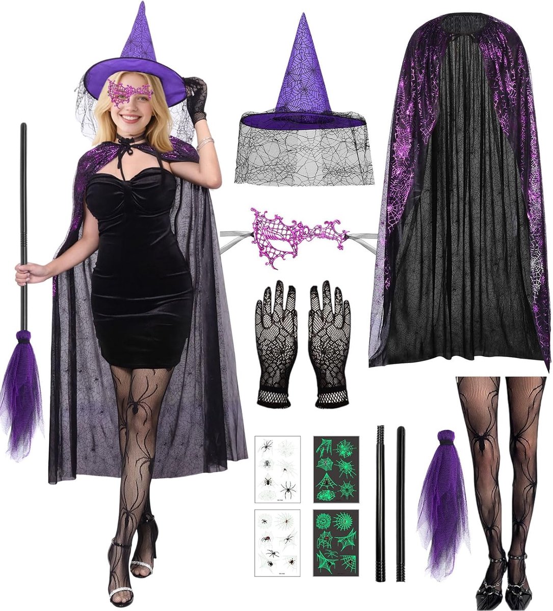 Heksenkostuum voor dames, heksenkostuum voor dames, met heksenhoed voor dames, halloweenkostuum voor dames, voor Halloween, carnaval, cosplay, party