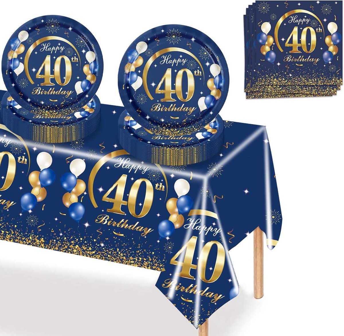37 Stuk Verjaardagsservies Set voor 40, Marineblauw Goud Servies Set voor 40e Verjaardagsfeestje met Borden, Servetten, Tafelkleed