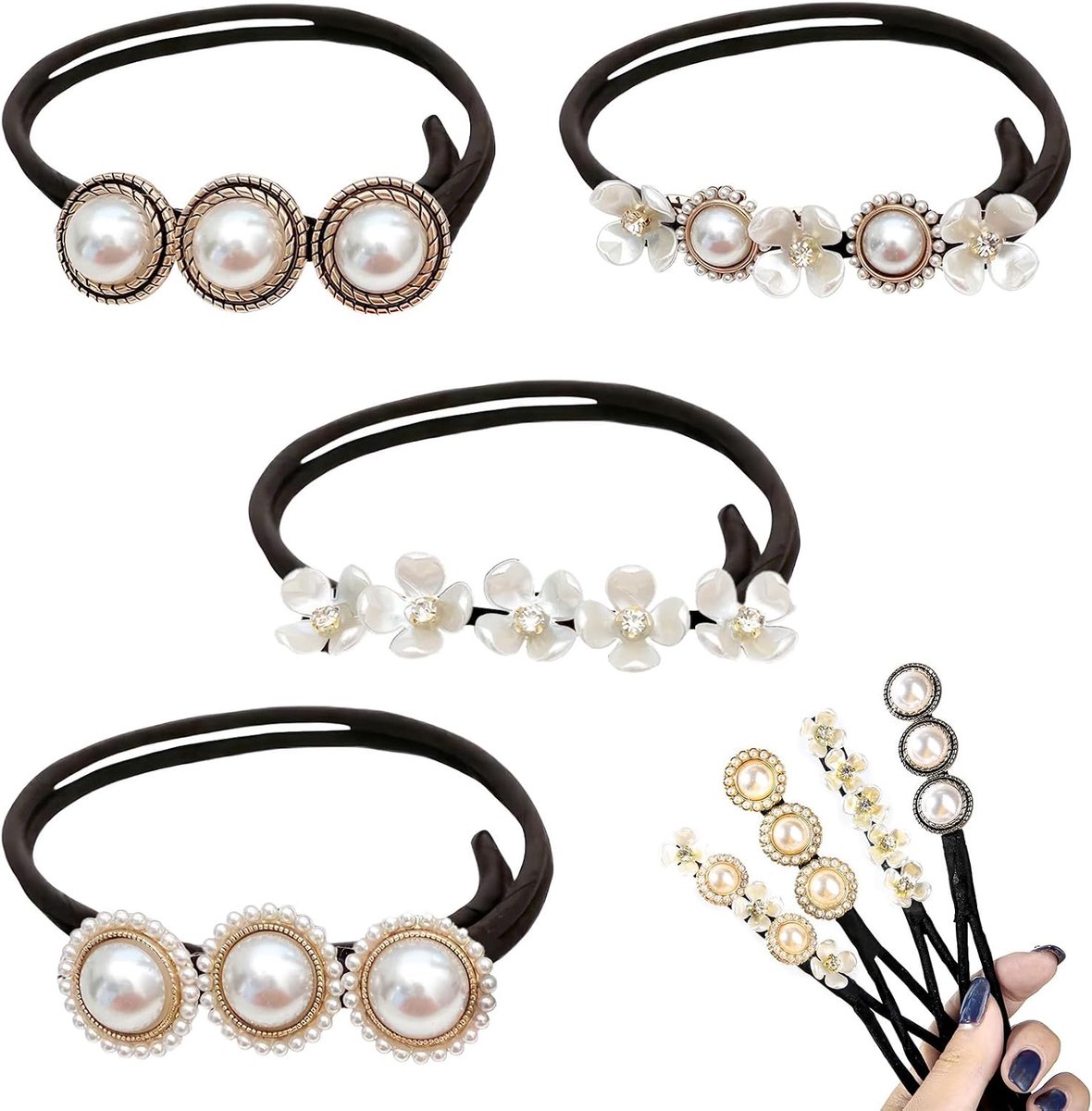 4 stuks magische haarknopen, parels, bloemen, haarknotmaker voor dames, donut haarspeld, haarknotmaker, haarhouder, haarstyling-gereedschap, haarknopvormset voor kinderen en meisjes