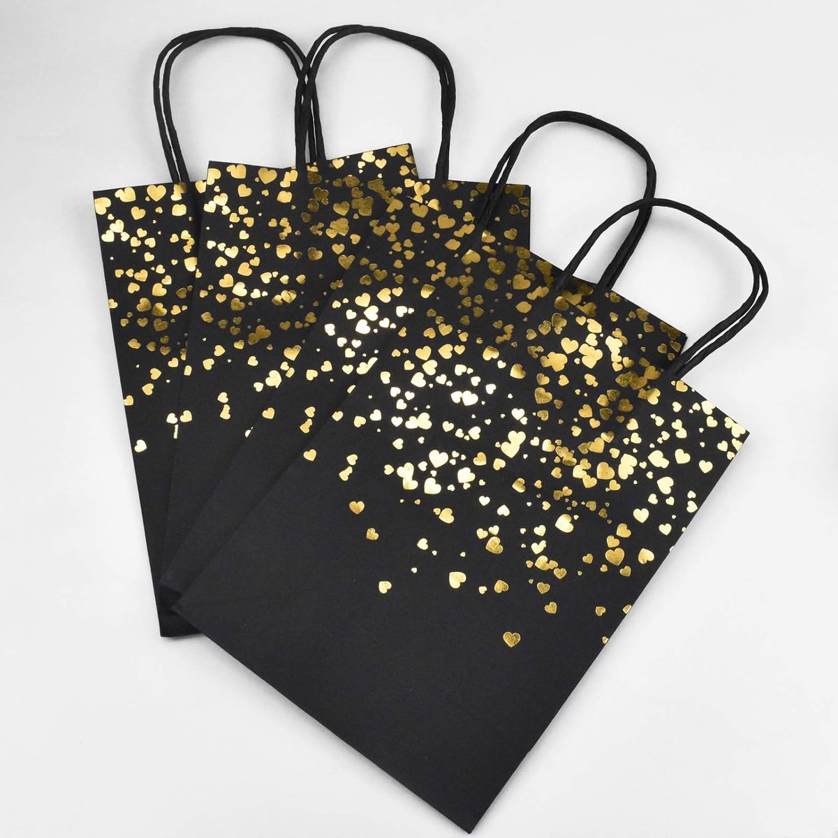 Zakjes, 12 stuks, kraftpapieren zakken, wit, cadeauzakjes, bruiloft, met handvat, bronzen kraftzak met gouden hartversiering voor Kerstmis, verjaardag, feest, geschenkverpakking (zwart)