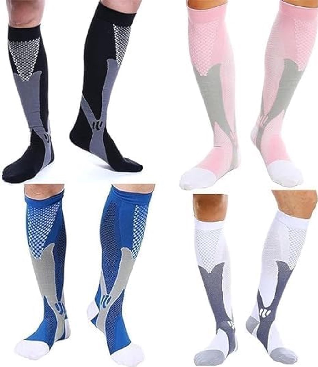 4 paar compressiekousen voor dames en heren, kleurrijke steunkousen voor sport, vlucht, hardlopen, reizen, wielrennen