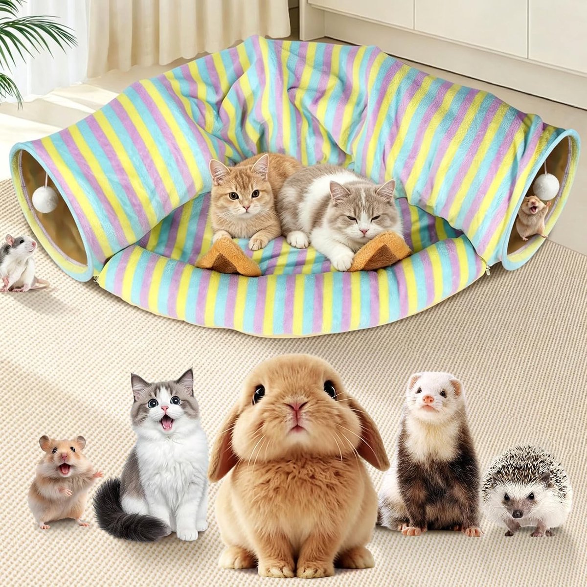 2-in-1 Konijnentunnelbed, met Verwijderbare mat en Schuilplaats, Opvouwbare Tunnelbuizen, Wasbaar, Interactief Speelgoed voor Konijnen, Chinchilla's, Egels, Cavia's en Katten, Gestreept