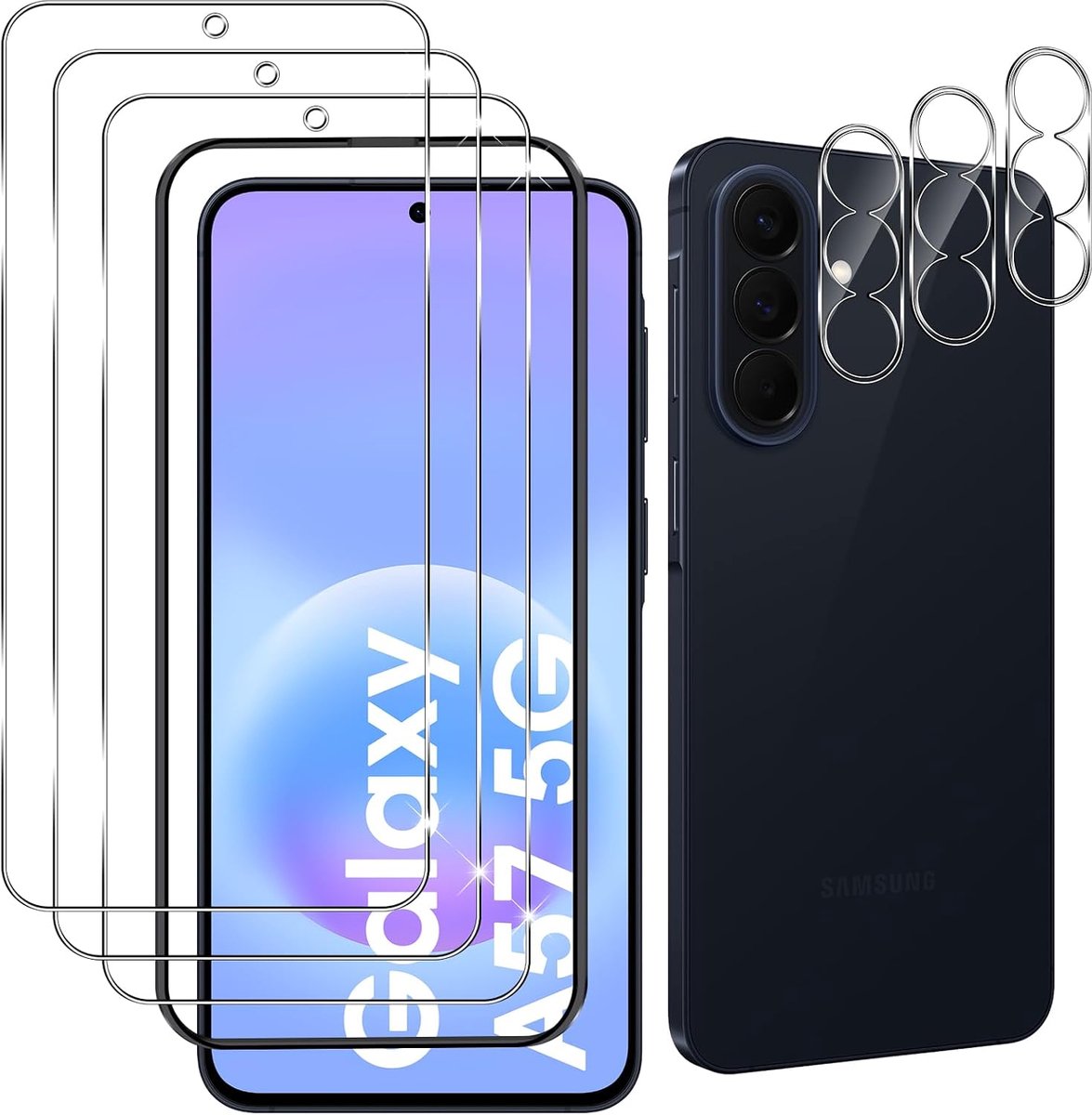 3 stuks pantserglas voor Samsung Galaxy A57 5G en 3 stuks camerabescherming, 9H hardheid gehard glas, anti-kras pantserfolie, luchtbelvrije beschermfolie, HD displaybeschermfolie
