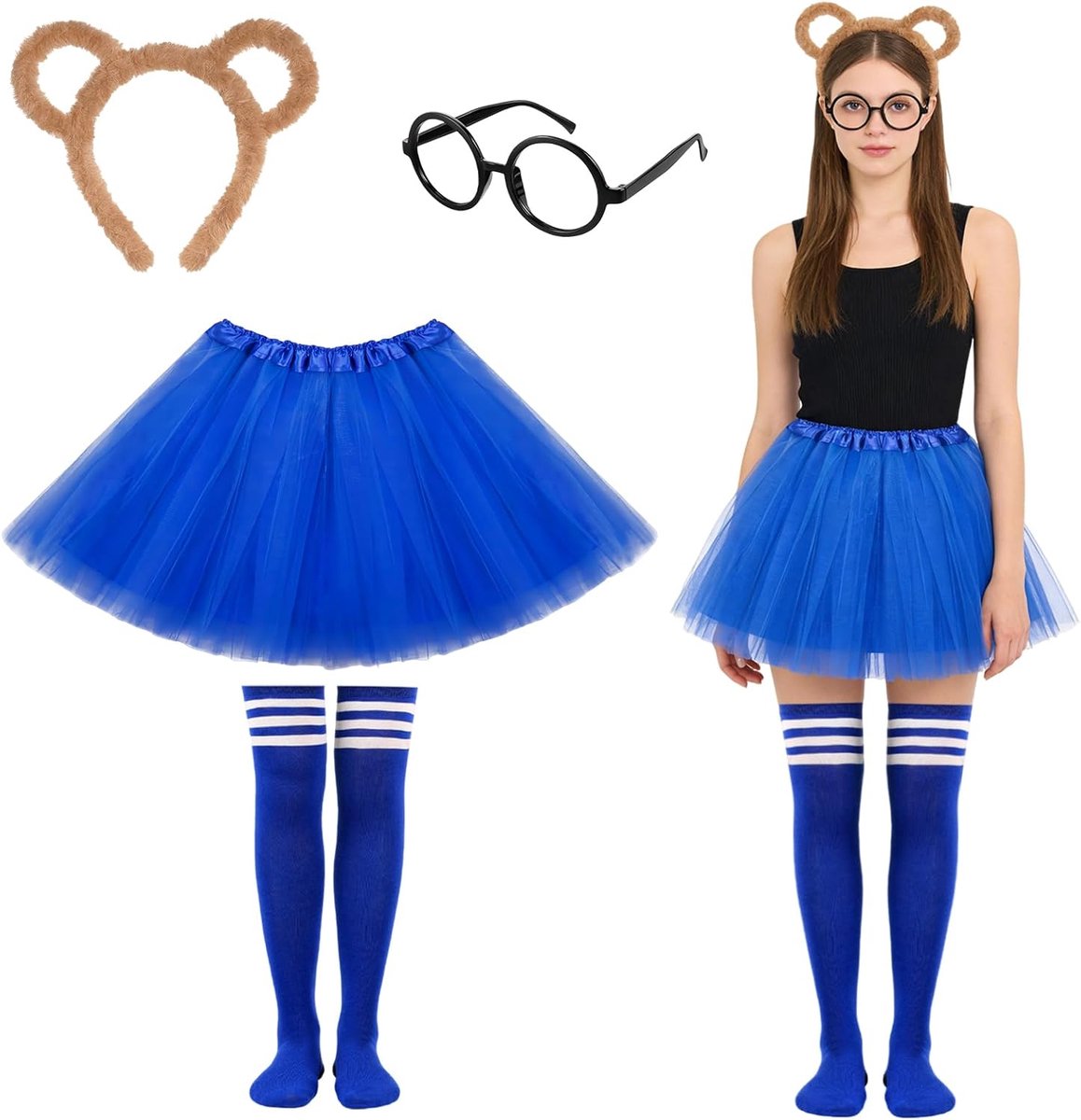 Stripehoornkostuum voor dames, 5 stuks chipmunks kostuumset met tutu, gestreepte hoorntjes, oren, hoofdband, kniehoge sokken, bril, dierenkostuum, accessoires voor carnaval themafeest