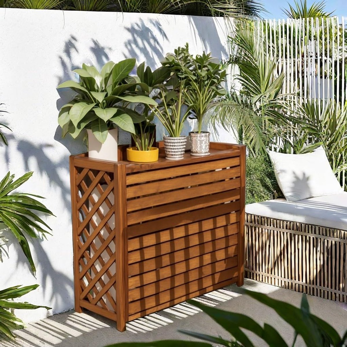 Wood Airconditioning Buiten, Gecarboniseerd - Gemakkelijk Te Monteren Airconditioning Cover Louvered, Massief Hout Solid Wood Airconditioning Buiten Voor Buiten Air Conditioner Verbergen(X-Large