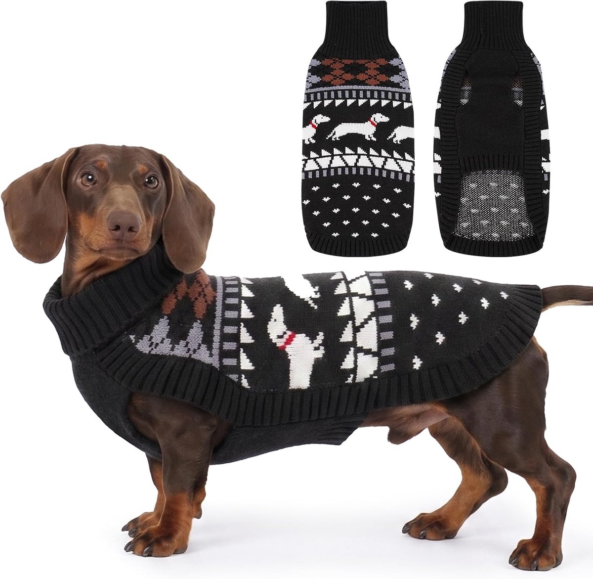 trui S, schattige hondentrui met teckelpatroon, zachte fleece hondenjas, coltrui voor kleine honden, knus herfst/winter, cadeau, zwart