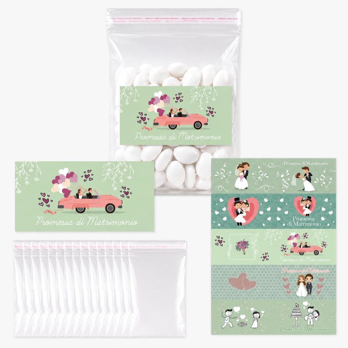 Zakjes voor snoepjes, belofte voor bruiloft, 50 transparante hersluitbare zakjes + 50 verschillende kaarten, design groen en wit, gastgeschenk voor verloving