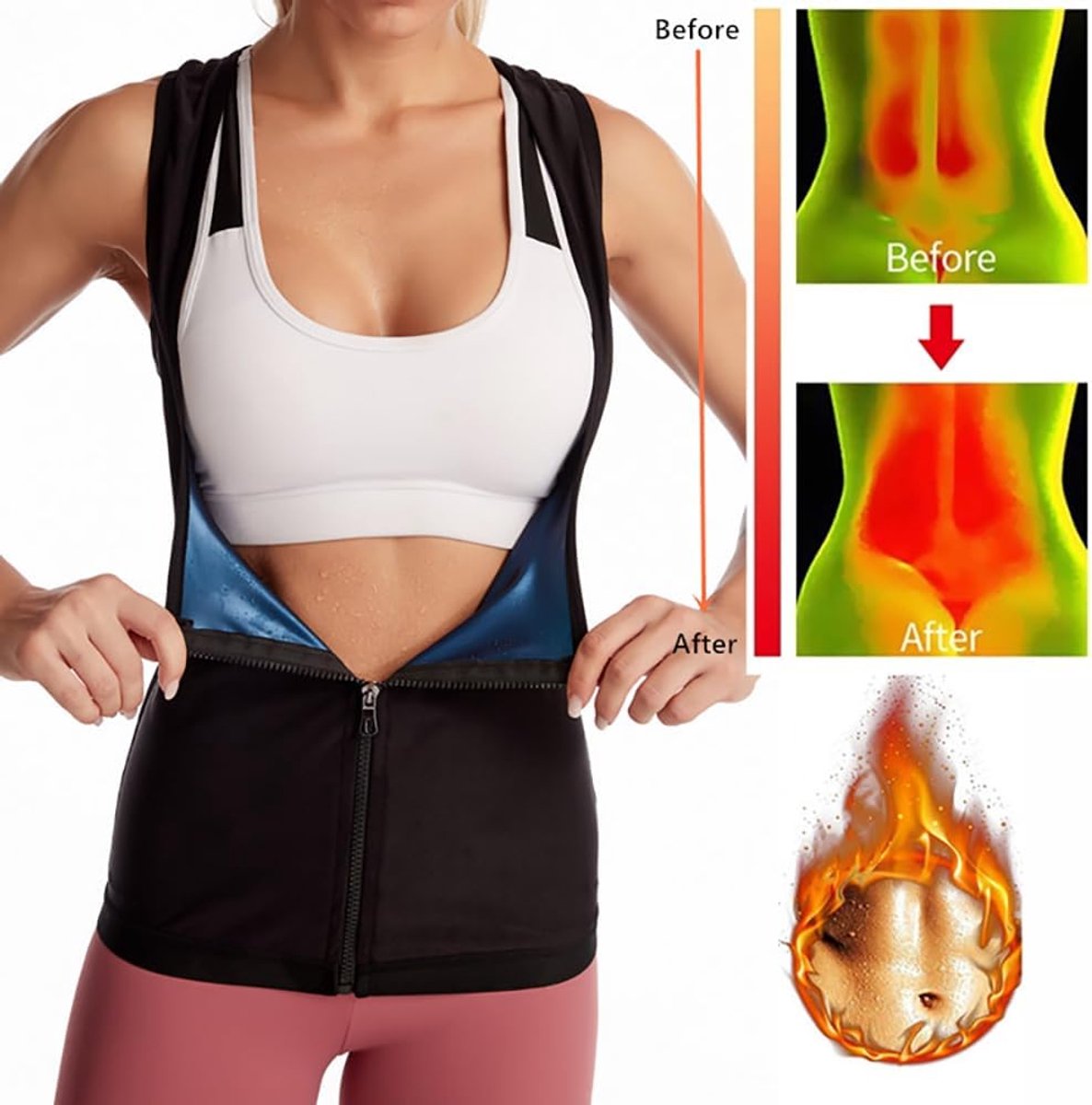 Sauna-vest voor dames, sporttop, sauna-vest met ritssluiting, buikweg-shirt, fitness, shaper top voor training, workout, hardlopen, gym