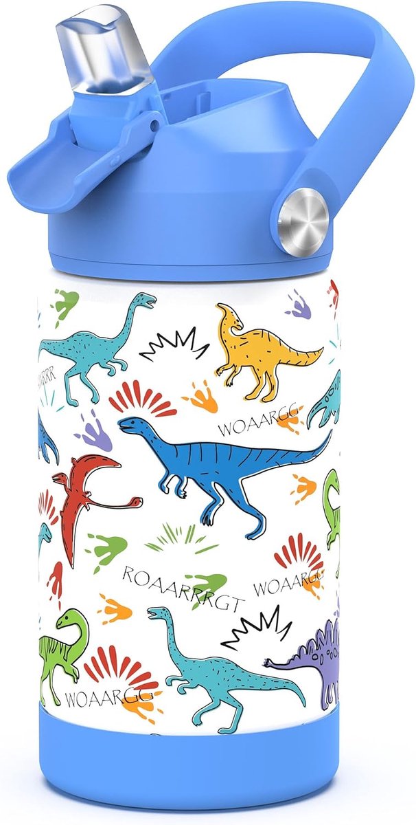 Jongens Geïsoleerde Kinder Waterfles Met Stro, 12 Oz Kids Cups Met Roestvrij Staal Lek Bewijs Voor School Dagopvang（Dinosaurus-blauw）