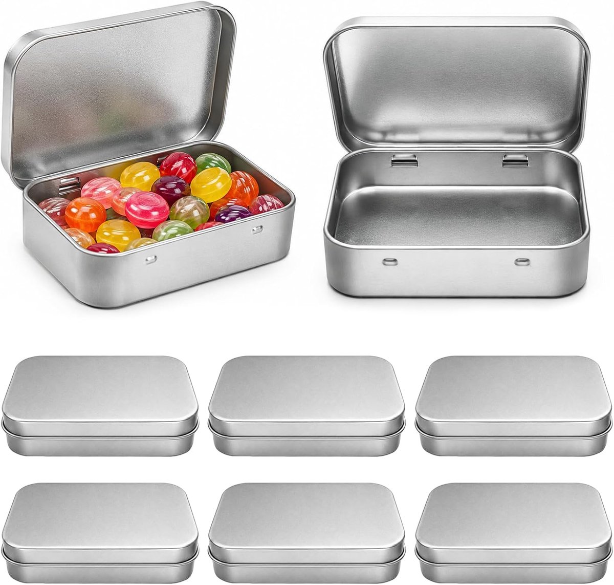 8 stuks kleine metalen blikjes, zilveren metalen blikjes met deksel, rechthoekig, roestvrij minibox, opbergdoos voor munten, snoep, sleutels, kleine voorwerpen