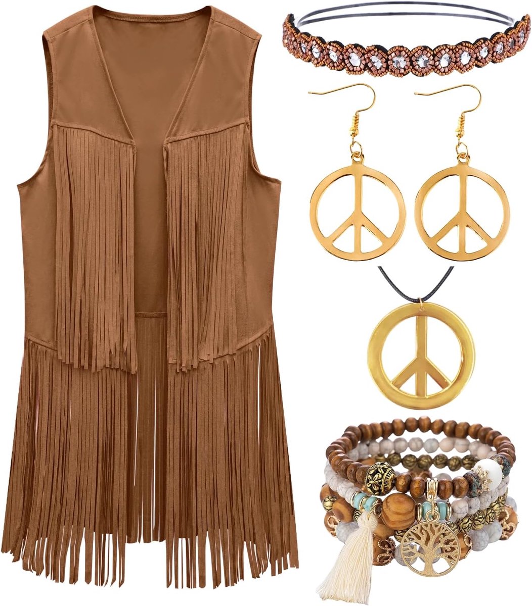 kasahara Hippiekostuum voor dames, jaren '60 en 70, hippie-kleding, vest met franjes, hippie-accessoires, hoofdband, bril, ketting, armband voor slagermove, carnavalskostuums, festivaloutfit