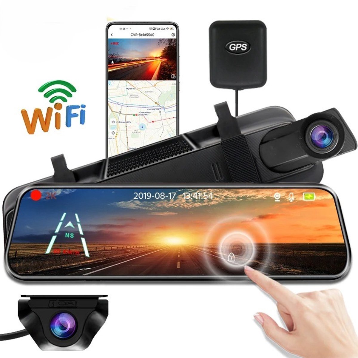 GDE - Dashcam Auto Voor en Achter – Achteruitkijkspiegel met Touchscreen – 2K Full HD – WiFi en GPS – Nachtzicht en Parkeerbewaking