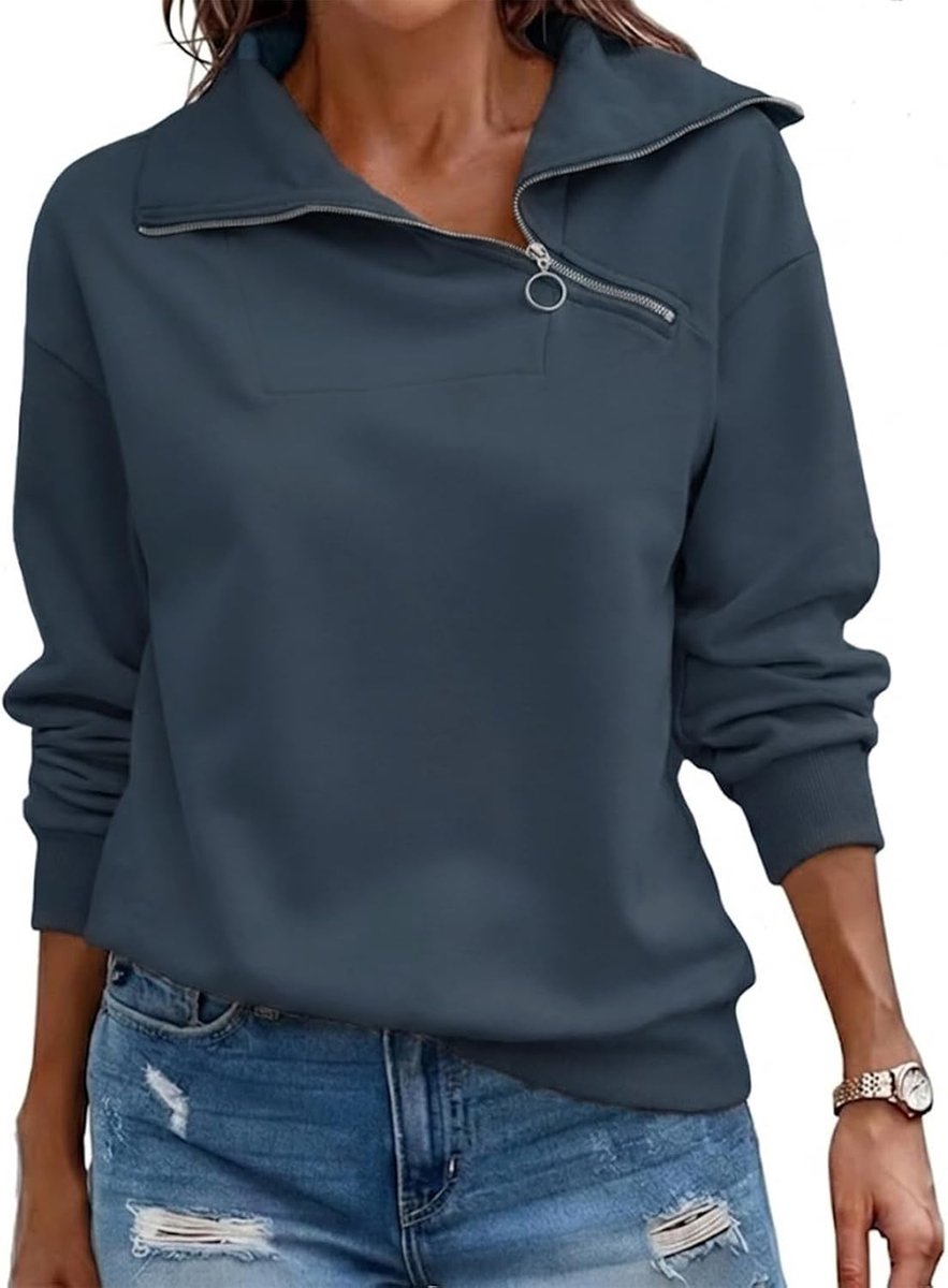 Pullover Dames Sweatshirt Herfst Kwart Ritssluiting Lange Mouwen Staande Kraag Pullover Losse Effen Casual Tops Dames