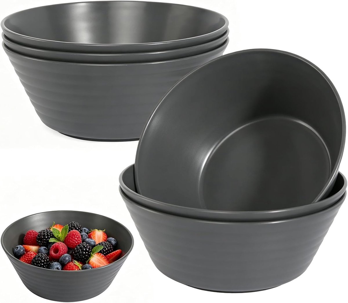 groot kunststof van 6 BPA-vrije kom kom zwart | Plastic kom vaatwasmachinebestendig plastic kommen camping kom voor soep muesli ramen salade diner popcorn