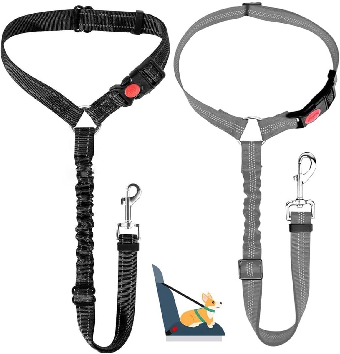 Veiligheidsgordel voor honden, auto, 2 stuks, 2-in-1 hoofdsteunen, veiligheidsgordel, zwart, grijs, verstelbaar, reflecterend, universele riem