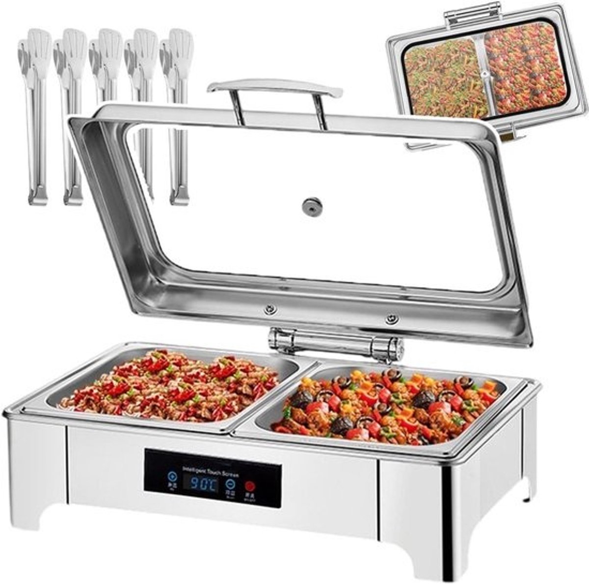 Elektrische Voedselwarmer - Buffetwarmer Chafing Dish - Eten Warm Houden - Instelbare Temperatuur - 135 Liter Inhoud - Zilverkleurig