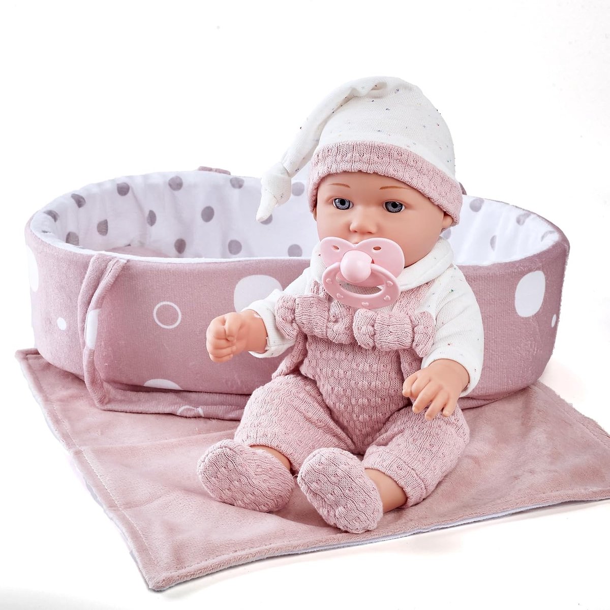 Babypop Cadeauset met Poppen Draagwiegje, Babydraagzak, Roze Kleertjes, Speen, Deken & Kussen – Rollenspel Speelgoed voor Meisjes vanaf 3 Jaar