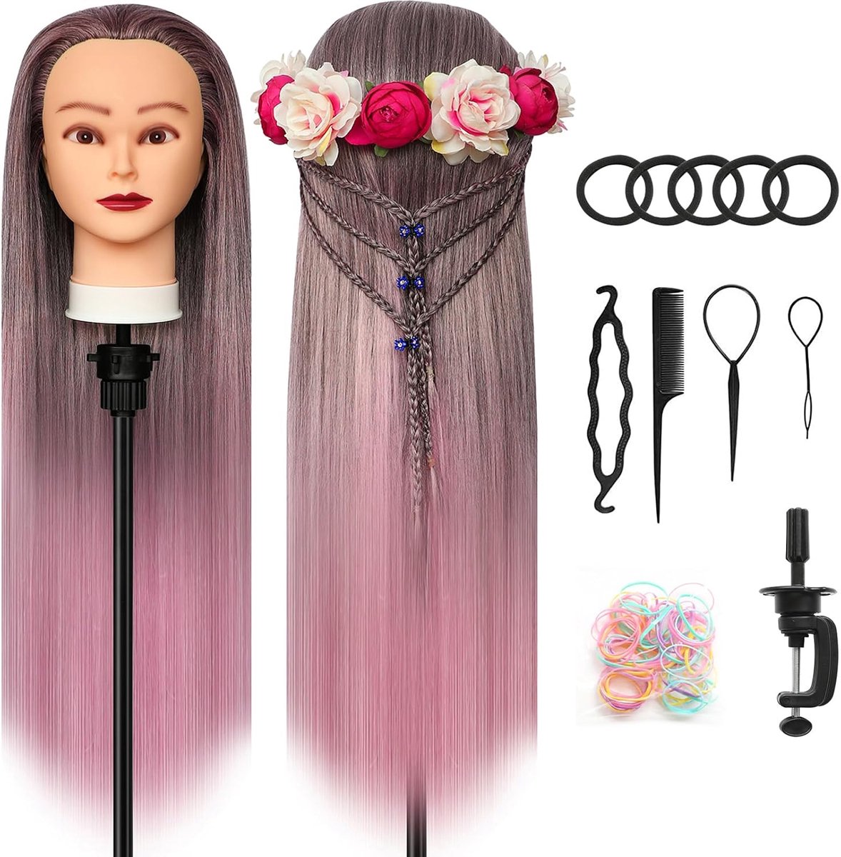28 inch Kappershoofd 100% Synthetische Vezels Kappers Hoofd Kapper Training Hoofden met Gratis Klem en DIY Vlechten Set (Gradient Poeder)