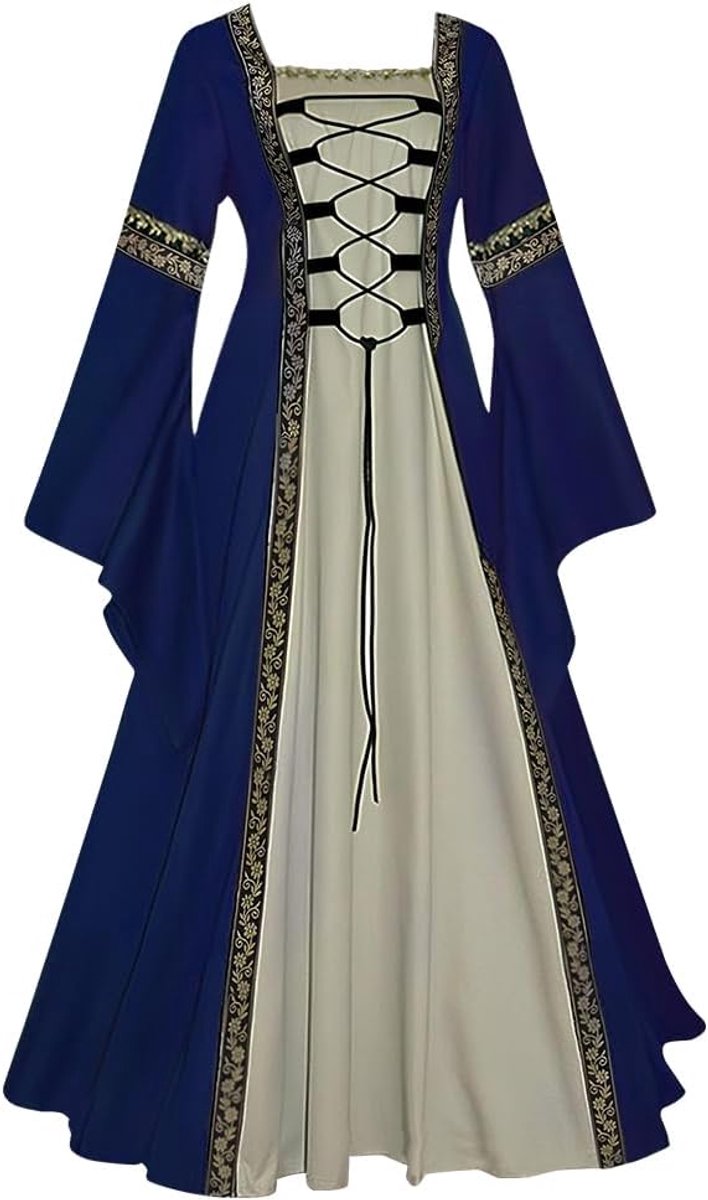 Middeleeuwse jurk met trompetmouwen, middeleeuwse Victoriaanse koninginnenjurk, renaissance, gothic, maxi-jurk, carnaval, Halloween, party, prinsessenkostuum