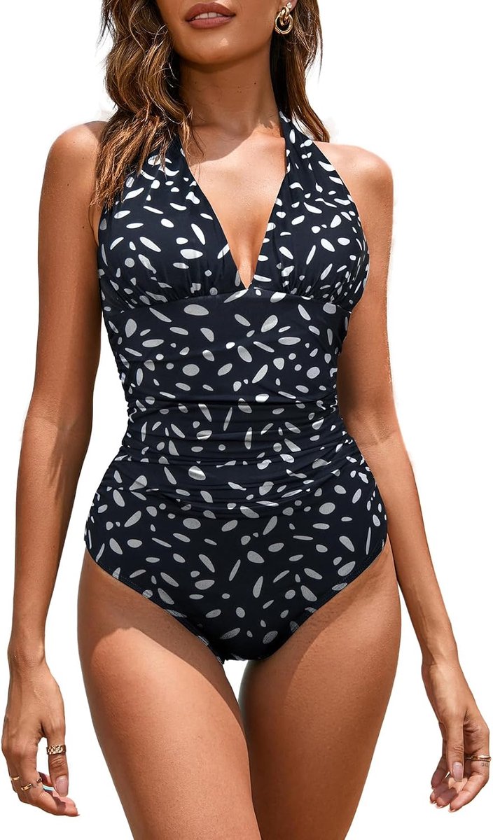 Eendelig badpak voor dames, V-hals, eendelig badpak voor dames, buikcontrole, monokini met ruches, voor cup D tot G