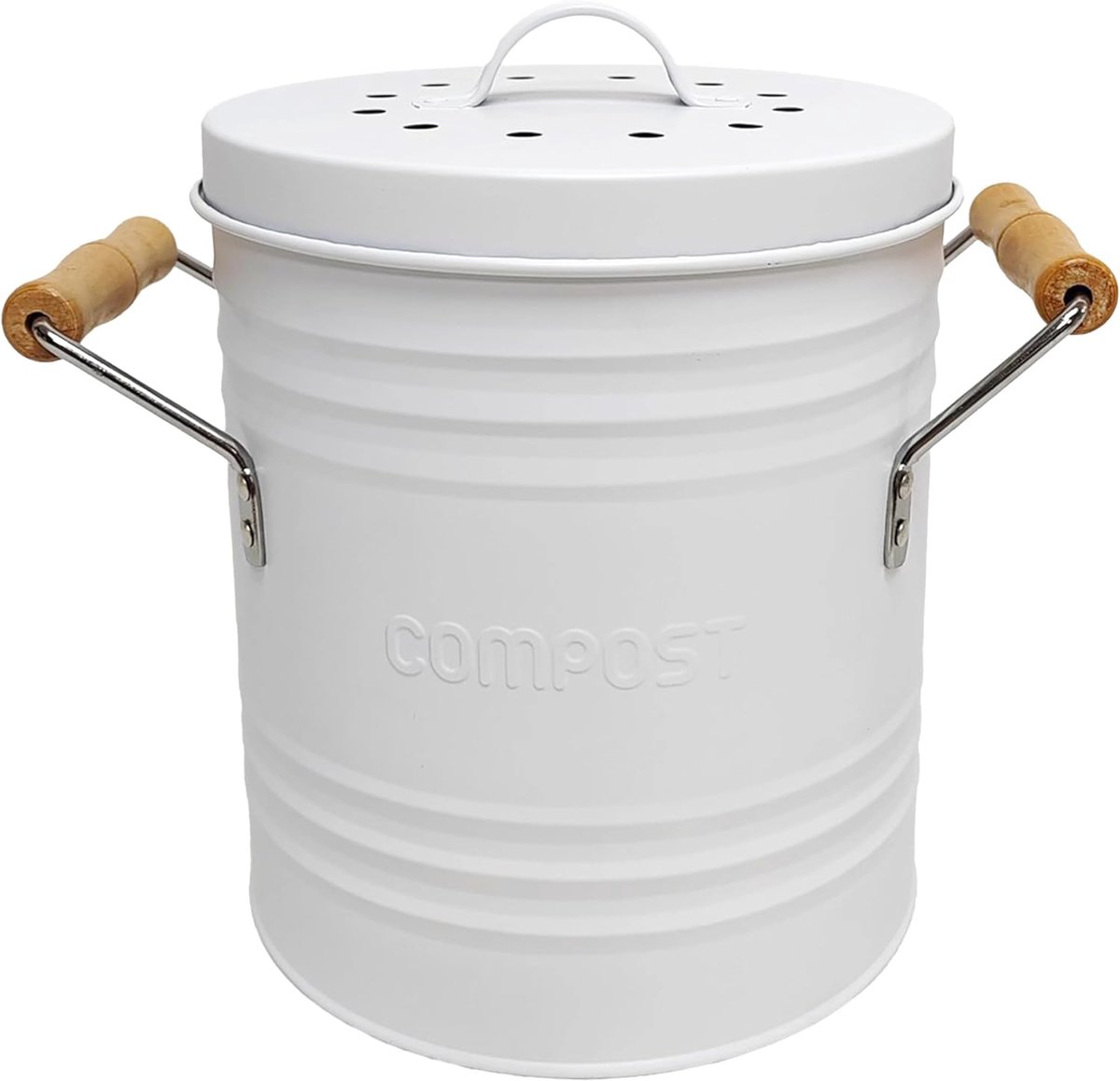 Metal Compost Bin with Lid and Handles, retro and elegant design, 4 liter capacity, Lid with filter, Practical wooden handles