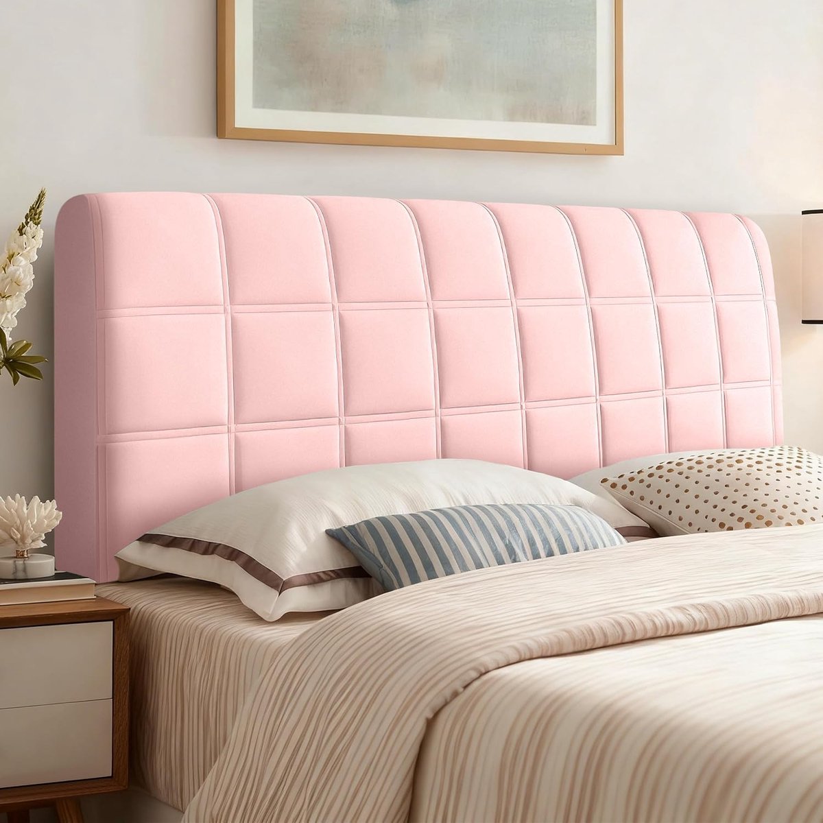 Beschermhoes voor het hoofdbord van het bed, vierkant, verdikt, doorgestikt, zachte hoofdbordbekleding voor de slaapkamer, roze, 200 cm