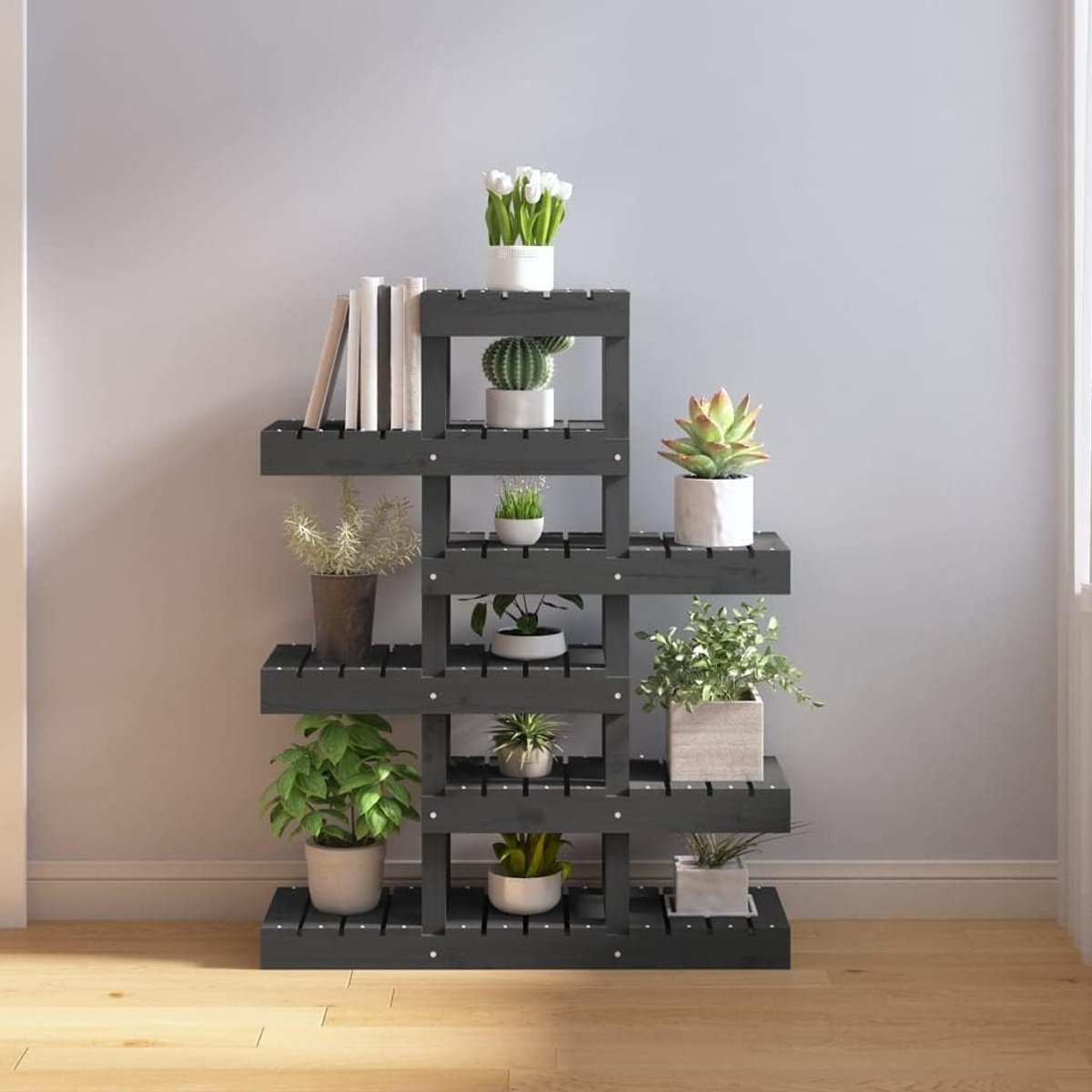 grijs, van massief grenenhout, 85 x 25 x 109,5 cm, bloemenrek met meerdere planken voor planten en tuindecoratie, stabiel houten frame voor woonkamer, terras