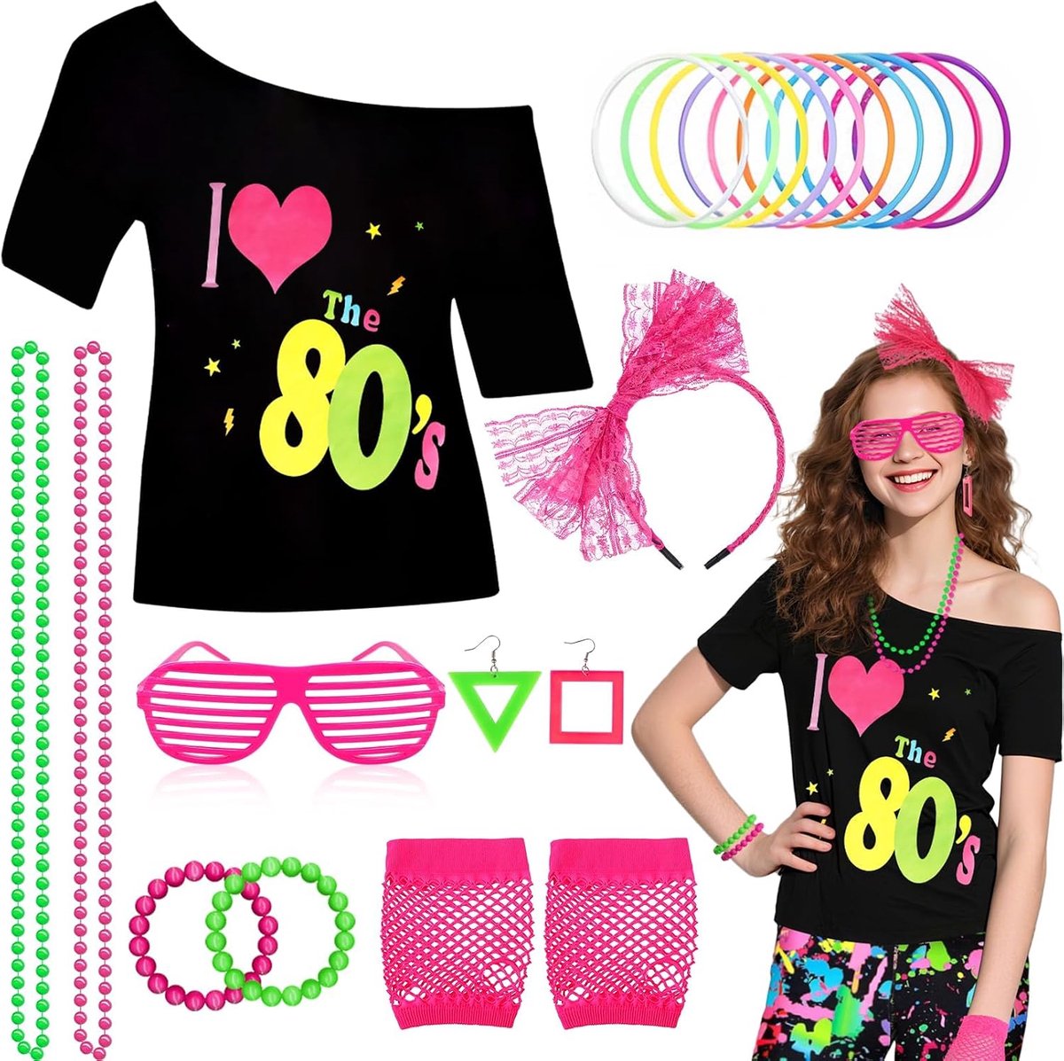 Jaren 80 retro kostuumset met schoudervrij shirt voor themafeest