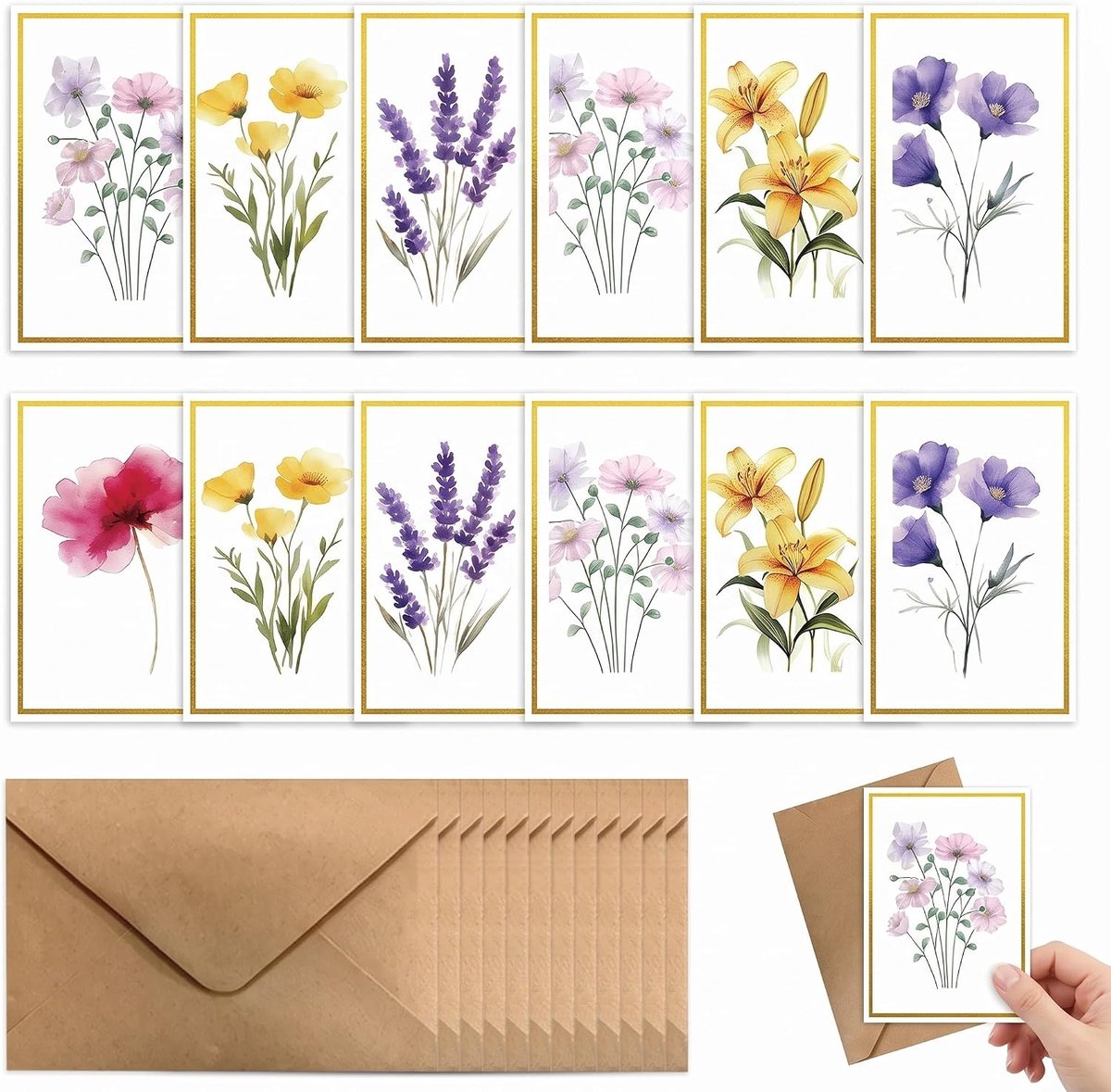Wenskaarten met 12 enveloppen, verjaardags- en bruiloftskaarten met verschillende patronen, elegant briefpapier voor Thanksgiving en feestdagen, 12 unieke designs