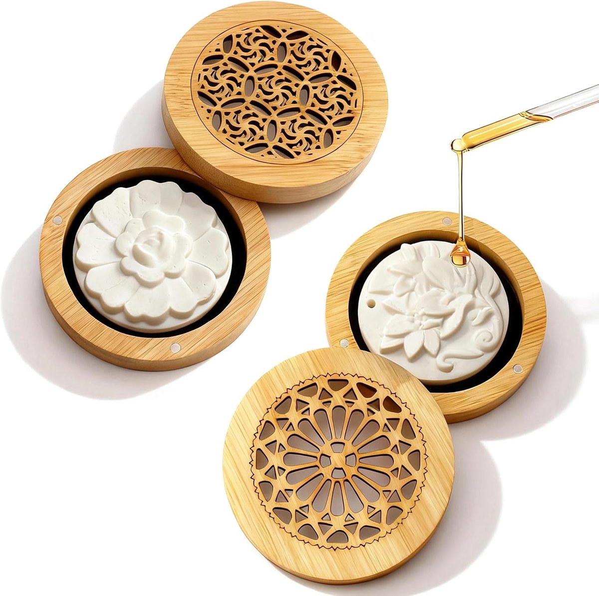2 stuks rookbox bamboe houtkleur, magnetische geurbox met hol design, rookhouder voor wierookspiraal, geursteen, aromasteen, slaapkamer, badkamer, kantoor, auto en tafeldecoratie
