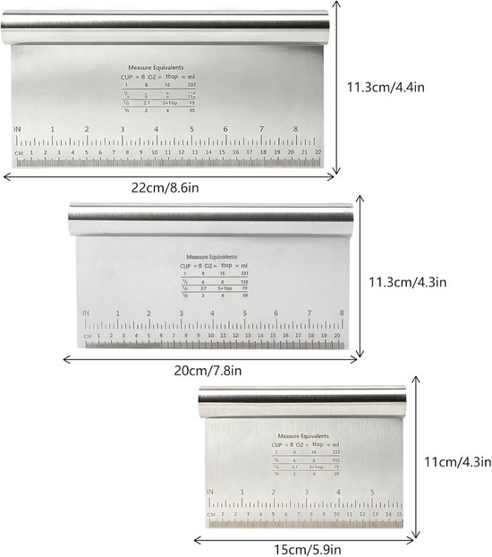 3 stuks deegschrapers roestvrij staal, 15/20/22 cm deegsnijder met maatschaal, antiaanbakdeegsnijder, deegkaart, roestvrij staal, deegspatel, bakgerei voor taart, pizza, cake koekjes — afbeelding 2